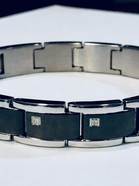 8.5” Stainless Steel and Genuine Diamond Black Link Bracelet, adjustable.